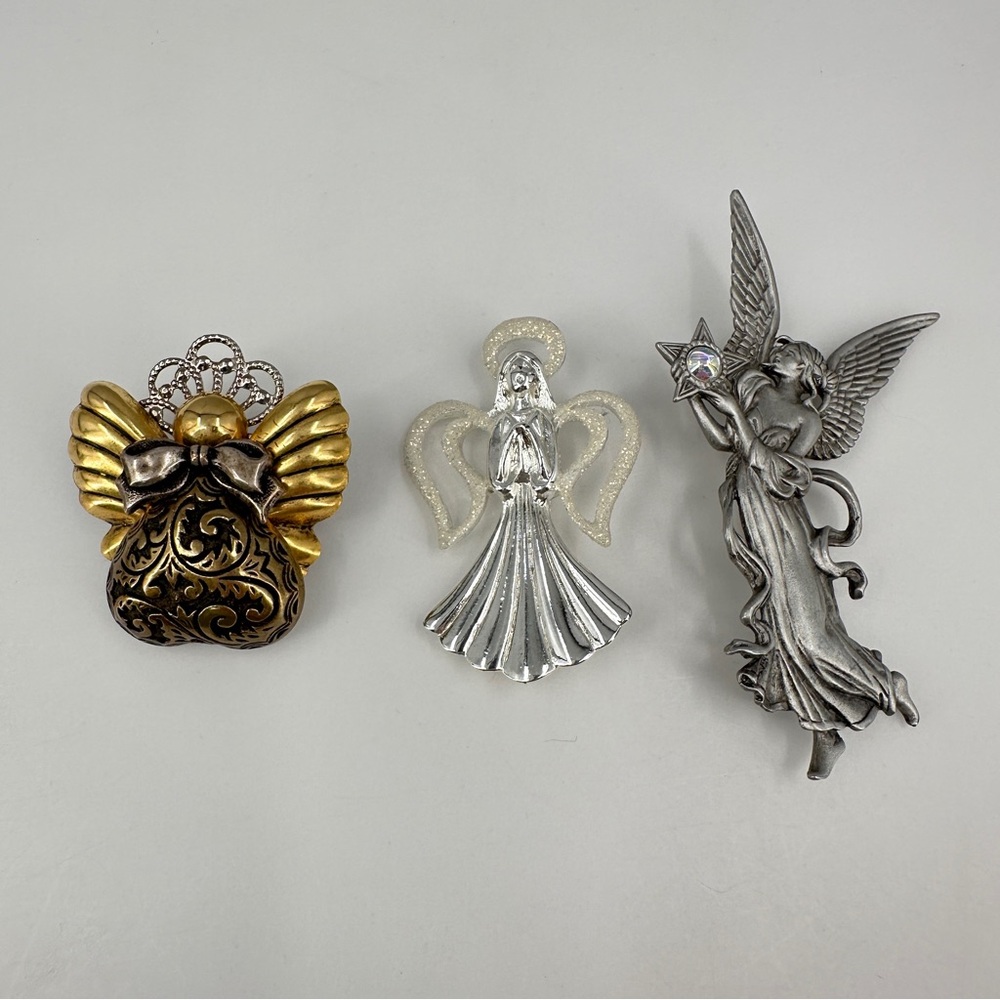 Vintage Angel Brooch Lapel Pin Pendant Lot of 3 Jonette Gold Silver Tone Pewter